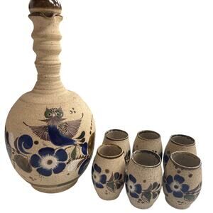 Vintage Mexican Tonala Pottery Set 7 Pc Signed Jug & Cups